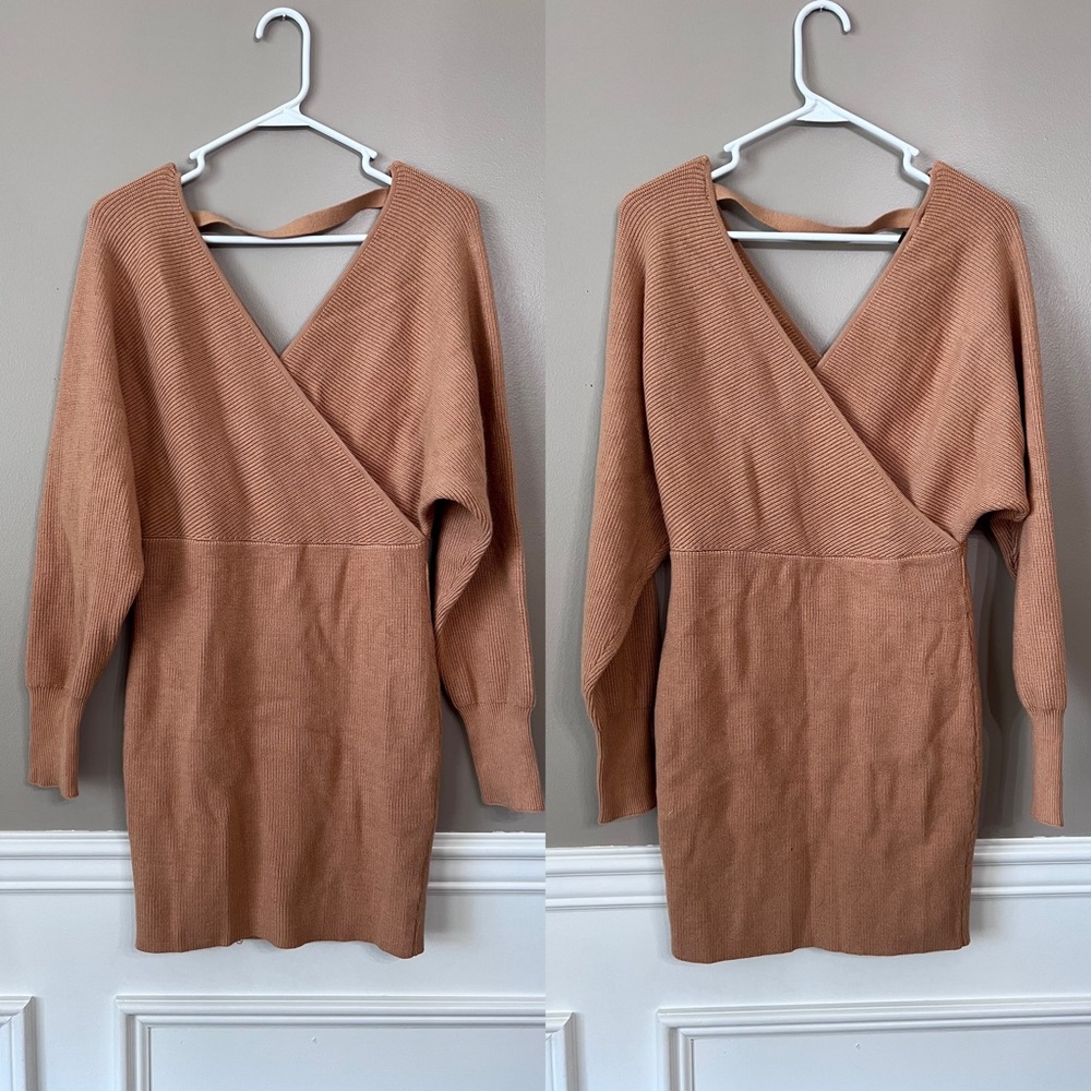 Zesica Tan Faux Wrap Sweater Dress